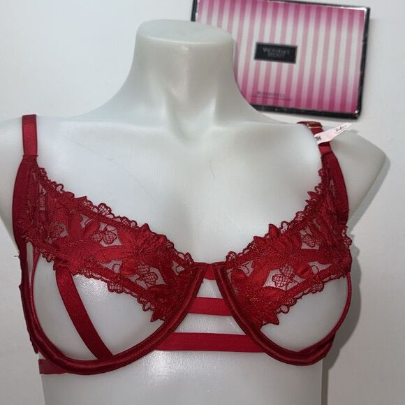 🔥Victoria's Secret Deep Red Floral Lace Bra Set Sz 34D // Large New - Picture 2 of 9